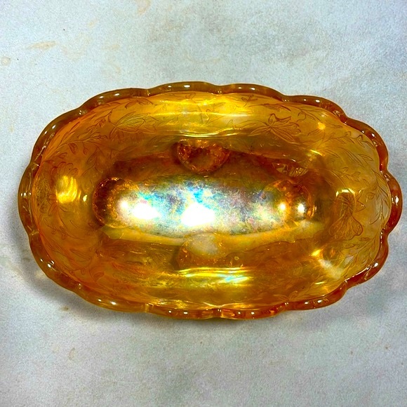 Carnival Glass Iridescent Small Candy Dish Vintage Jeanette Amber Floral Pattern - Picture 3 of 12